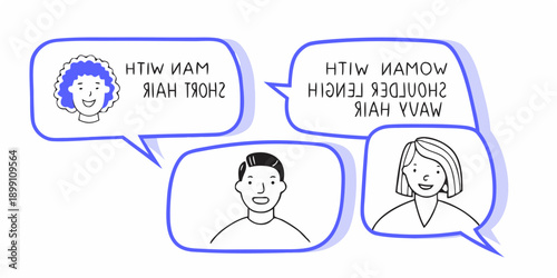 Illustration of people with speech bubbles containing mirrored text