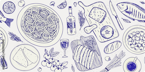 A charming sketch depicting a delightful arrangement of italian food items