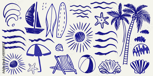Blue and white hand drawn summer doodles of beach and ocean elements