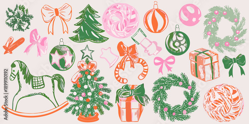 Festive christmas illustrations ornaments wreaths gifts and rocking horse