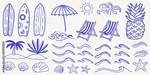 Summer doodles featuring surfboards beach chair and tropical elements