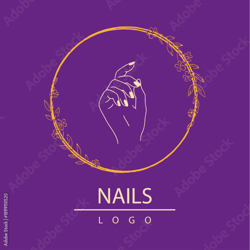 Elegant Nail Salon Logo with Stylized Hand and Floral Wreath