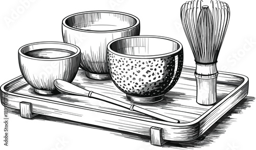 Hand drawn matcha tea set illustration with bowls whisk and bamboo tray for Japanese ceremony, cafe menu, packaging design