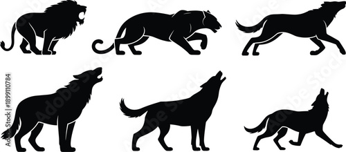 Black predator animal silhouette vector set with lion and wolf poses for wildlife branding, hunting logos, nature illustration design