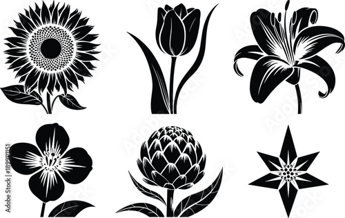 Black botanical flower silhouette vector set featuring sunflower tulip lily artichoke and star shapes for branding, packaging, decorative design