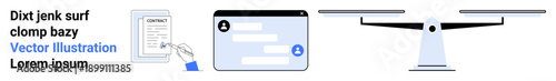 Identity verification, user authentication, digital security, data privacy, legal documentation, technology concepts. A document, user interface and scales . Identity verification and user