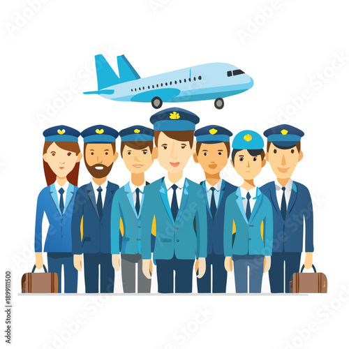 Airplane pilots, flight attendants, airline employees. The crew on the background of a passenger plane. Stewardesses and flight engineer
