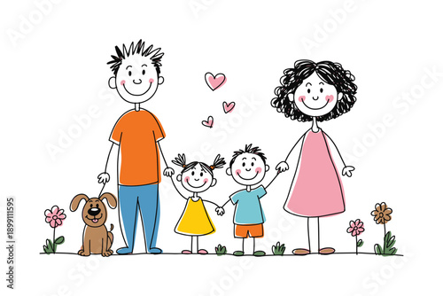 Happy family with two children and dog standing together outdoors