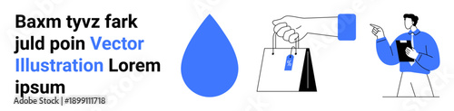 Online shopping, retail services, e-commerce navigation, customer support, consultancy, digital sales. A shopping bag with a tag, a water droplet and a man pointing. E-commerce and retail services