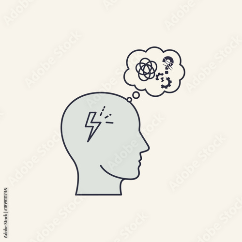 Illustration of a human head with a thought bubble showing complex gears and a lightning bolt symbolizing stress or a breakthrough idea.