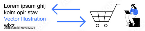 E-commerce, online shopping, digital marketing, consumer behavior, retail industry, product browsing. A cart icon connected with arrows to a person using a laptop. E-commerce and online shopping