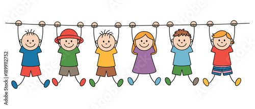 Six happy children hanging from a horizontal bar outdoors playfully smiling