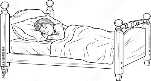 Black and White Line Art Illustration of a Little Child Sleeping Peacefully in a Wooden Bed, Bedroom Interior Sketch, Nighttime.