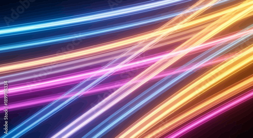 Vibrant neon light streaks in blue, pink, and orange hues against a dark background.