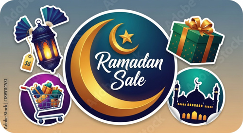 Ramadan sale banner with crescent moon lantern gift shopping cart and mosque icons on gradient background