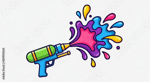 Colorful water gun shooting vibrant paint splash on white background
