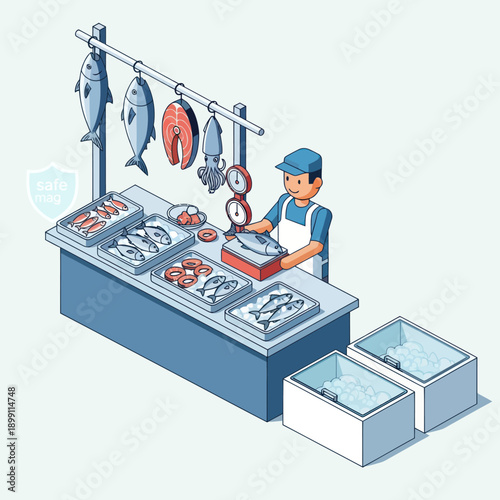 Fishmonger Preparing Fresh Seafood at Counter.