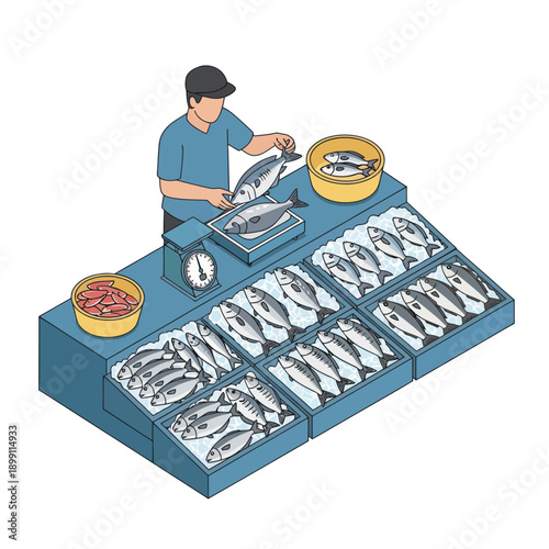 Fishmonger Selling Fresh Fish at Market Stall.