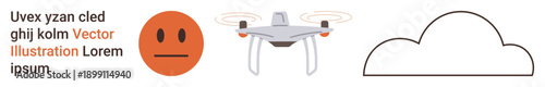 Technology, communication, quadcopter usage, data transfer, weather monitoring, emotion . Neutral face emotion, a quadcopter and a cloud graphic. Technology and communication