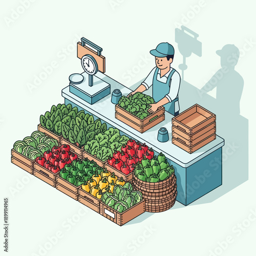 Farmer Selling Fresh Produce at Market Stall.