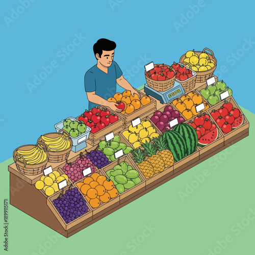 Man Arranging Fresh Fruits at Market.