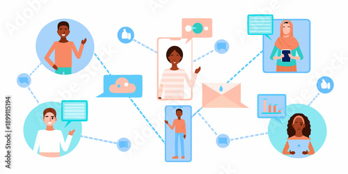 Diverse people connecting through a network of digital communication icons