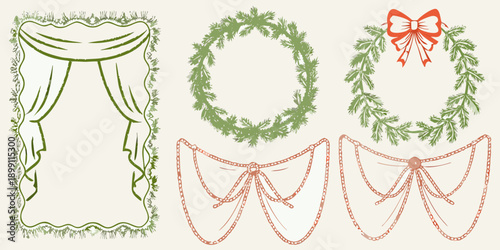 Vintage illustrations of drapes wreaths and decorative bows