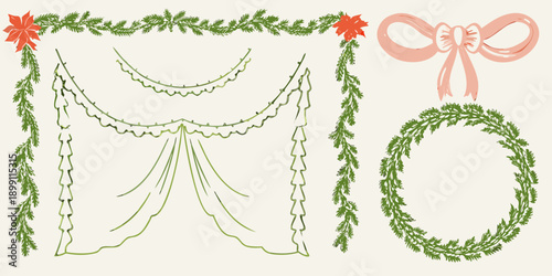 Festive holiday decorations including garlands wreaths and a pink bow