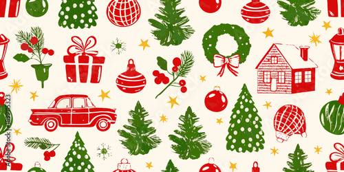 Festive christmas pattern with ornaments gifts and winter scenes