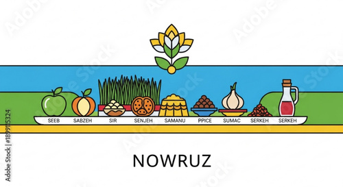 Nowruz celebration traditional haft seen table setting with symbolic items and sabzeh on white background