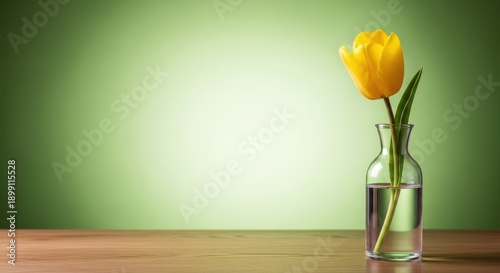 A single bright yellow flower centered in a clear glass vase resting on a natural wooden table, isolated against a soft green backdrop, contrast, still life, bright