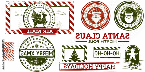 Vintage christmas seals and postage stamps with festive illustrations