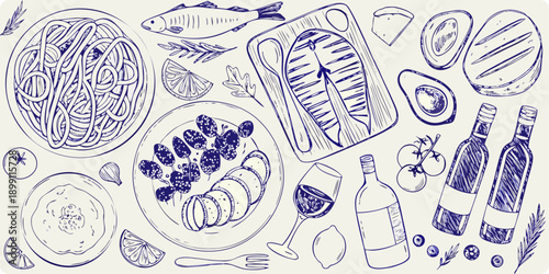 Sketch of assorted seafood dishes pasta and accompaniments on a light background