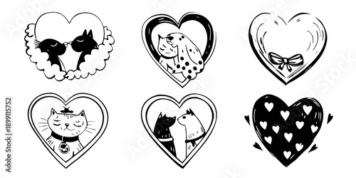 Charming black and white heart shaped illustrations featuring adorable cats and kittens