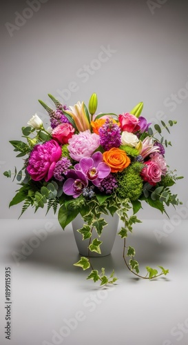 A vibrant, luxurious bouquet centerpiece featuring diverse blooms and lush greenery, professionally captured in soft, studio light, luxury, greenery, still life