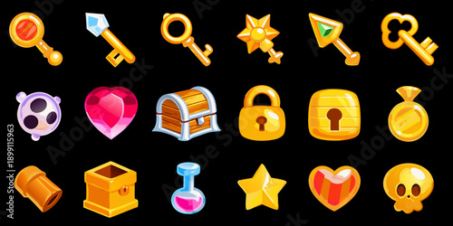 Collection of colorful cartoon icons representing adventure and treasure