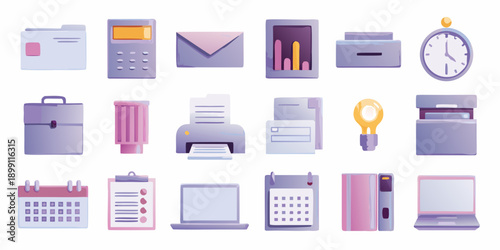 Collection of colorful office icons representing various business tools and concepts
