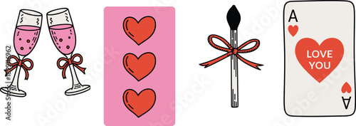 Romantic Valentine icons, champagne glasses, love card, matchstick ribbon, ace of hearts, pink hearts, festive symbols, celebration elements
