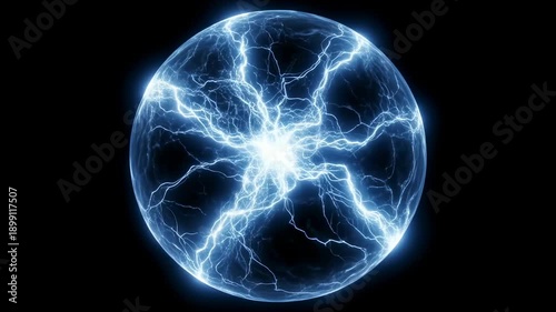 Electric lightning orb glowing blue plasma energy sphere with branching lightning veins and glowing electric currents, dramatic sci fi electric