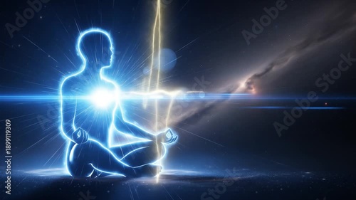 Meditating Human Silhouette with Glowing Energy and Heartbeat Pulse in a Cosmic Setting.