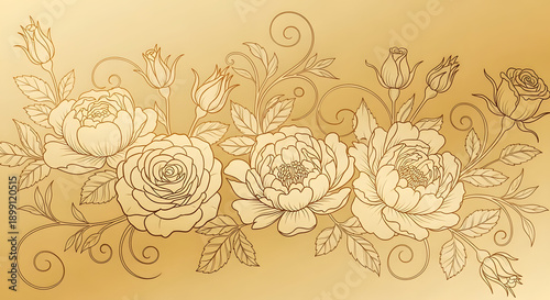 Luxury gold floral background vector. Golden gradient Roses and peonies flower line art wallpaper design for prints, cover, wall arts, greeting card, wedding cards, invitation.