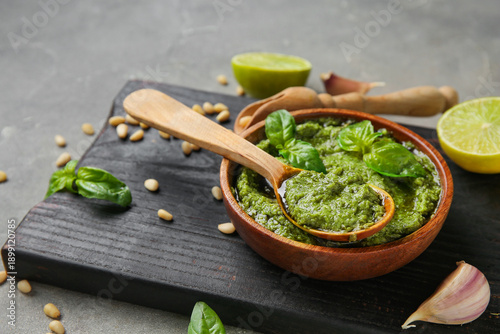Bowl of delicious pesto sau...