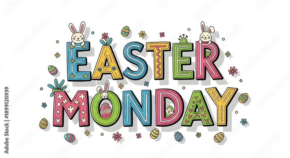 Fototapeta premium Easter Monday Text in Colorful Hand-Drawn Style with Easter Eggs and Bunnies in Bright Pastel Colors on White Background for Greeting Card