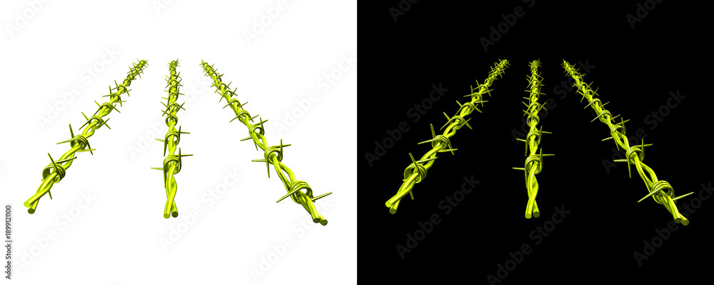 Obraz premium Neon yellow barbed wire set for creative security design with transparent and black background options for digital assets