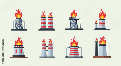 Collection of Industrial Oil Gas Flare Stacks with Flames.