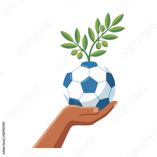 Hand holding soccer ball with olive branch symbol of peace and fair play vector illustration
