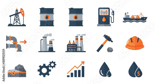 Collection of industrial and energy industry icons and symbols.