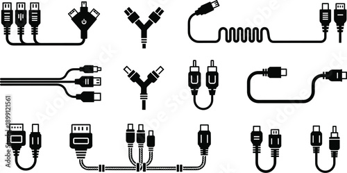 Collection of USB and HDMI cable silhouettes, including coiled, braided, splitters, and various connector types for electronics, devices