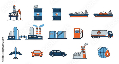 Collection of industrial and transportation icons representing energy and logistics.
