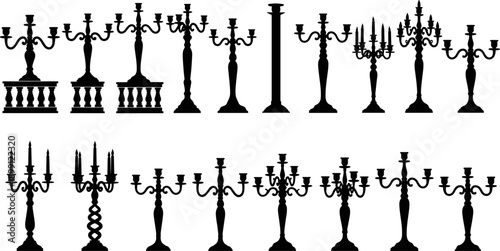 Vintage candelabra and antique candlestick silhouettes collection, elegant wrought iron candle holder icons set, classic interior decor vector illustration elements